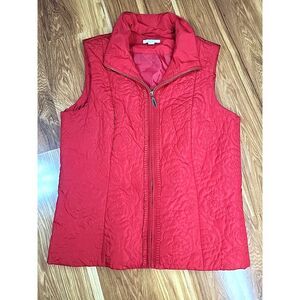 Charter Club Puffer Vest Women's Large Red Ruffled Quilted Floral Full Zip Front
